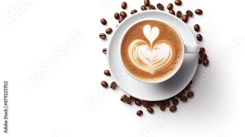 Small cup of cappuccino with coffee beans and heart shaped milk foam, top view isolated on white background photo