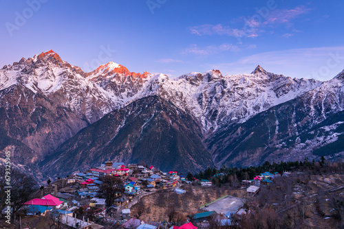 Beautiful panoramic view of Kalpa, It is a small village in Kinnaur district of Himachal Pradesh located amidst Himalayas of India. photo