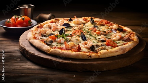 Fototapeta Naklejka Na Ścianę i Meble -  Traditional Italian pizza frutti di mare with king prawns, blue mussels and calamaretti served as close-up on a rustic board