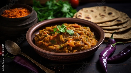 Baigan/Baingan Bharta - Mashed roasted Eggplant cooked with spices & vegetables. Served with Jowar flour flat bread known as bhakar/bhakri. served over colourful or wooden background. Selective focus photo