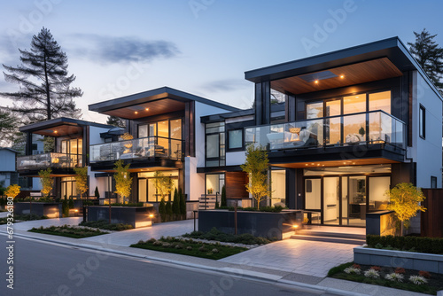 Modern house exterior with garage and terrace at dusk