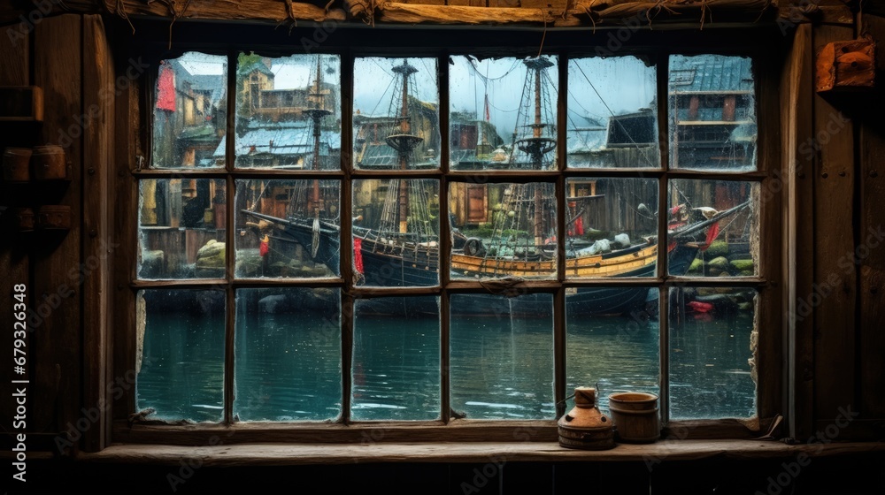 Old window in pirate town in amusement park in Kristiansand, Norway. Vertical color photo. - obrazy, fototapety, plakaty 