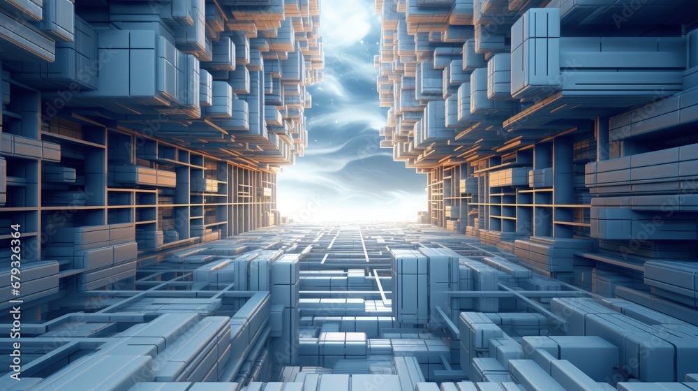 Fototapeta premium Virtual Construction Series. Backdrop composed of rectangular design elements in perspective and suitable for use in the projects on science, computers and technology