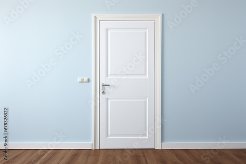 3d rendering of white door in empty room with light blue wall © StockHaven