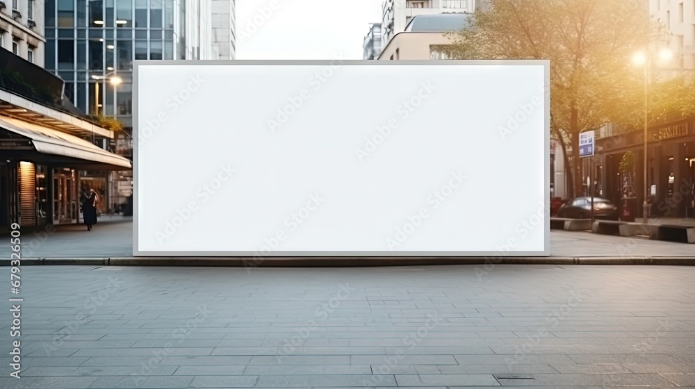 Advertising empty long white billboard with space for mockup information at urban street front view - obrazy, fototapety, plakaty 