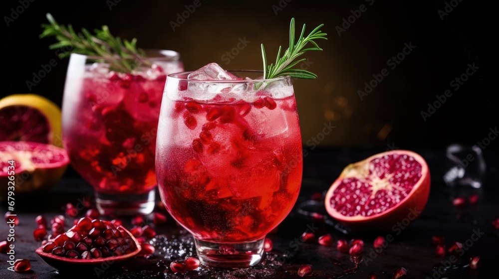Pomegranate gin fizz cocktail with sparkling wine, rosemary and ice. Holidays refreshing alcoholic drink. Pomegranate cold detox beverage. Pomegranate gin fizz cocktail with sparkling wine, rosemary and ice. Holidays refreshing alcoholic drink. Pomegranate cold detox beverage.