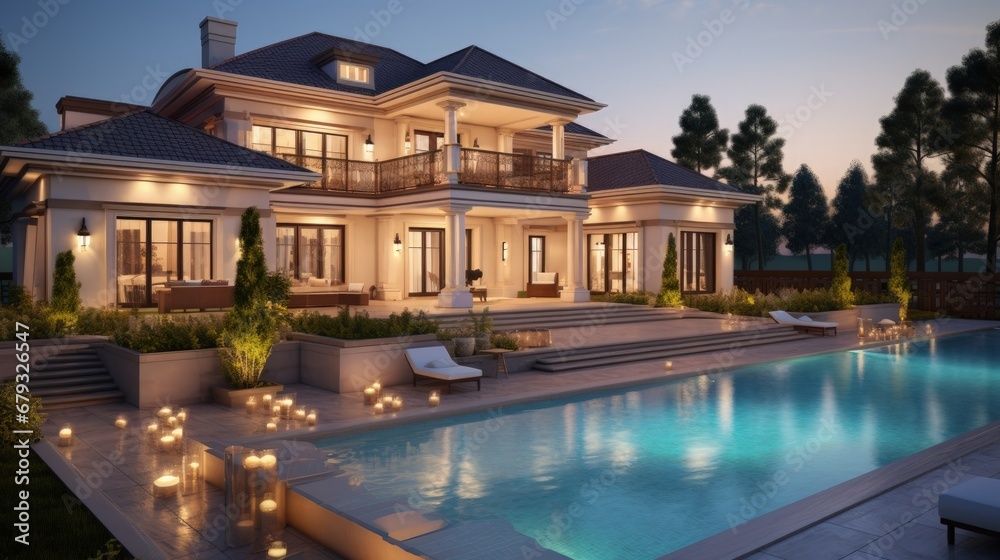 Expensive private villa. Swimming pool in a private house. Evening in a country house. Mansion exterior. Luxury villa with swimming pool. 3d illustration