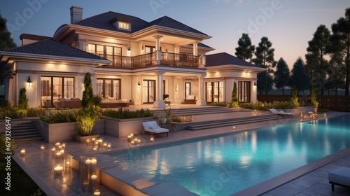 Expensive private villa. Swimming pool in a private house. Evening in a country house. Mansion exterior. Luxury villa with swimming pool. 3d illustration © HN Works