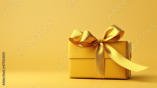 Gift box with satin ribbon and bow on yellow background.Holiday gift with Birthday or Christmas present, flat lay, top view, happy mother day copy space