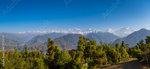 Beautiful panoramic landscape of Himalayan snow mountains from Chandrashila peak in Chopta, Uttarakhand, India