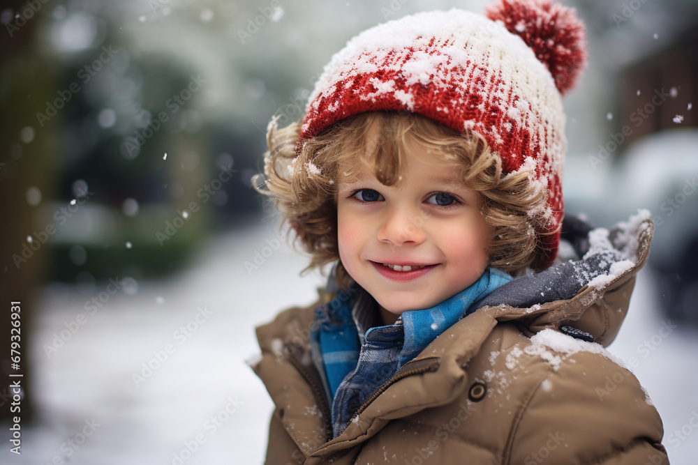 Happy smiling little boy stood outdoors in the snow. ai generative