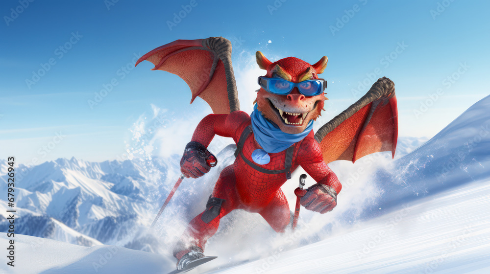 Cheerful red dragon skiing on snowdrifts in winter with copy space. Symbol of 2024. - obrazy, fototapety, plakaty 