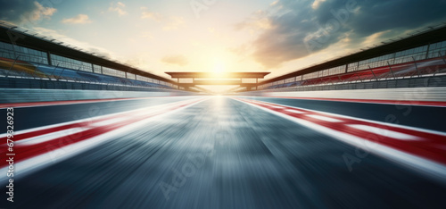 F1 race track circuit road with motion blur and grandstand stadium for Formula One racing photo