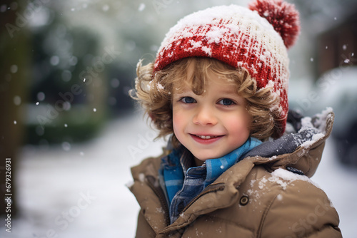 Happy smiling little boy stood outdoors in the snow. ai generative