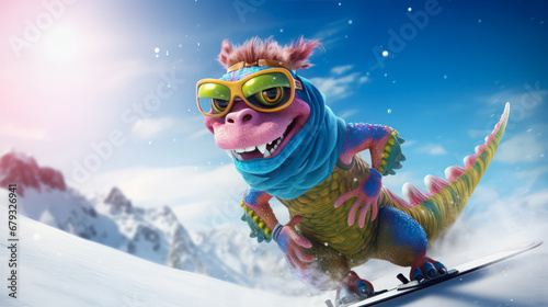 Cheerful green 3d dragon snowboarding through snowdrifts in winter, copy space. Symbol of 2024