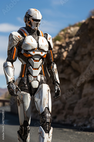 Humanoid robot closeup urban vertical man portrait, Industry, smart factory, future of AI in industrial engineering