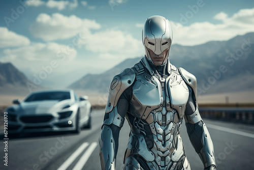 Humanoid robot urban portrait on the road near mountains and car, Industry, future of AI in industrial engineering