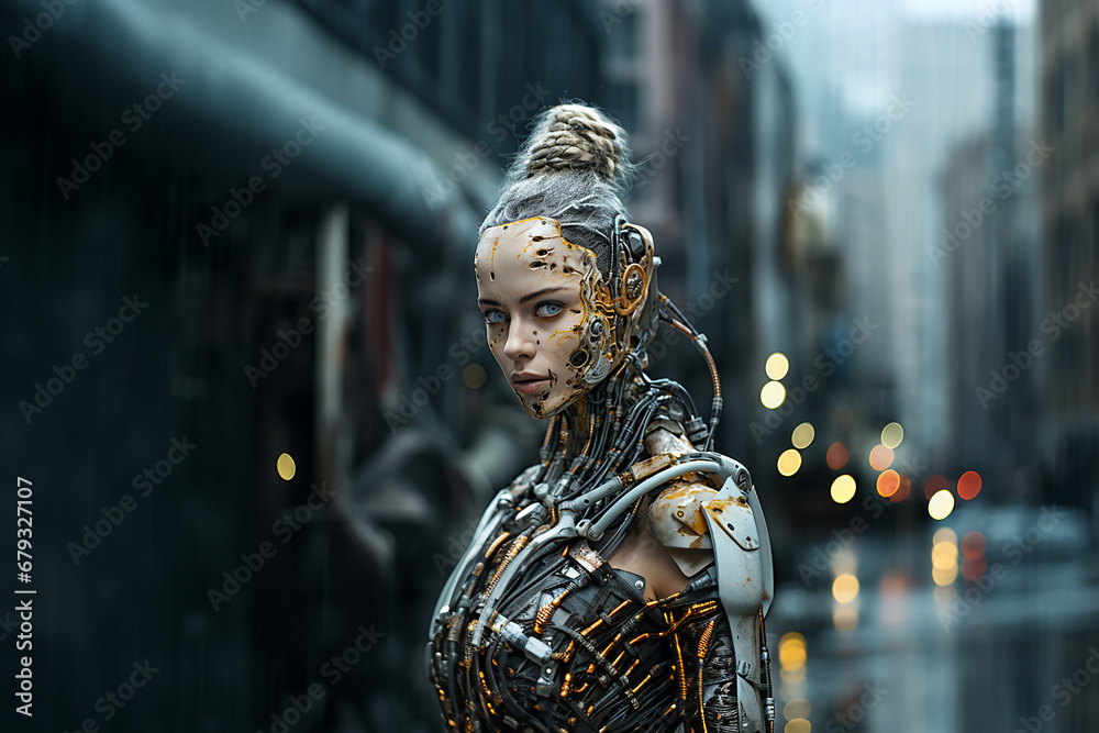 Humanoid woman robot closeup urban portrait in apocalyptic city, Industry, smart factory, future of AI in industrial engineering Humanoid woman robot closeup urban portrait in apocalyptic city, Industry, smart factory, future of AI in industrial engineering