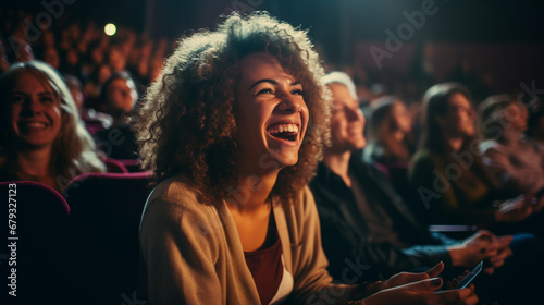 a group of diverse people laugh while watching a comedy show. ai generative photo