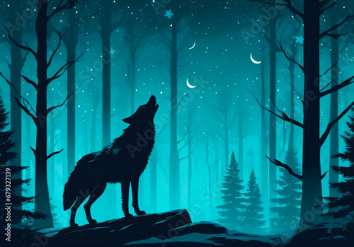 Silhouette of wolf in the forest at night.