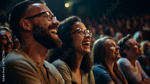 a group of diverse people laugh while watching a comedy show. ai generative
