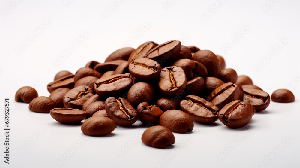 Fresh brown coffee beans on white placer for fragrant drink Fresh brown coffee beans on white placer for fragrant drink