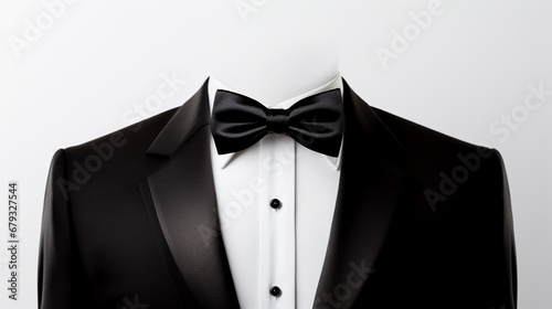 Black tuxedo and tie on mannequin on a white background