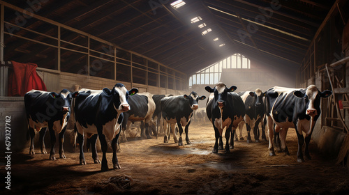 Cows in a row grazing in a barn. ai generative