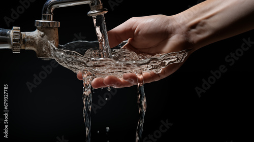 A person is holding a faucet with water coming out of it