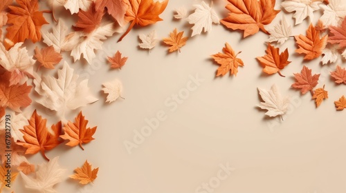 Autumn leaves on beige background  top view. Space for text