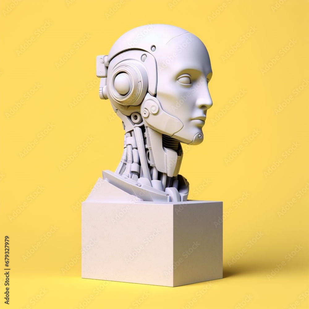 Naklejka premium a white marble bust of robot on a yellow background