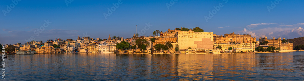 Panoramic view of city of lakes, Udaipur with lake Pichola from Ambrai ghat, Rajasthan, India.