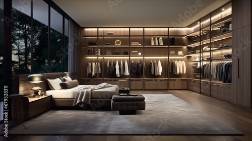 a luxury bedroom with a custom closet system and discreet storage photo