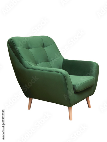 Modern green fabric armchair with wooden legs isolated on white background, side view. furniture, interior, home design in minimal style © Artem Zatsepilin