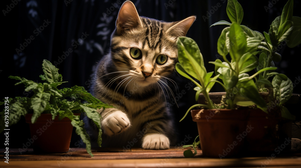 cat biting houseplant. ai generative