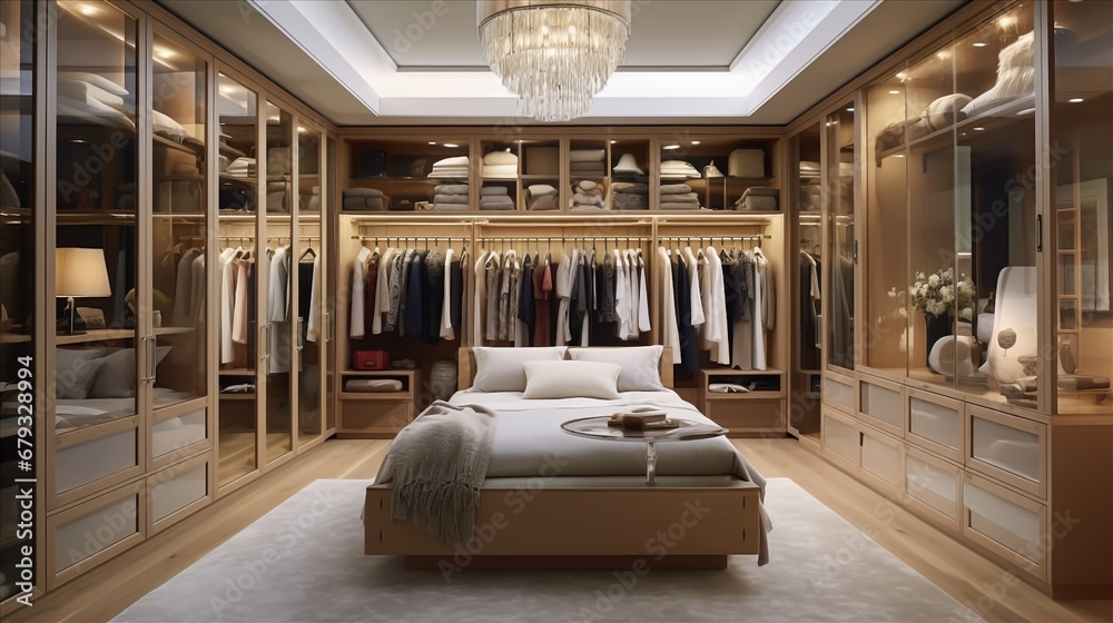 a luxury bedroom with a custom closet system and discreet storage - obrazy, fototapety, plakaty 