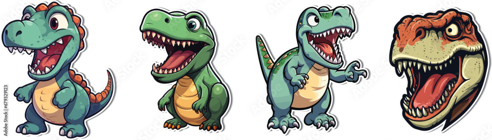Obraz premium Tyrannosaurus Cute Dino - Jurassic Sticker. Meet charming characters in our T-Rex cute dino sticker. A Jurassic delight that brings personality to your creative projects.