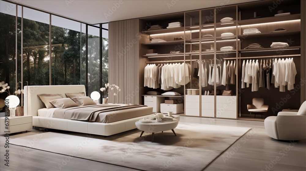 a luxury bedroom with a custom closet system and discreet storage - obrazy, fototapety, plakaty 