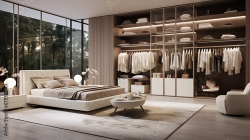 a luxury bedroom with a custom closet system and discreet storage photo