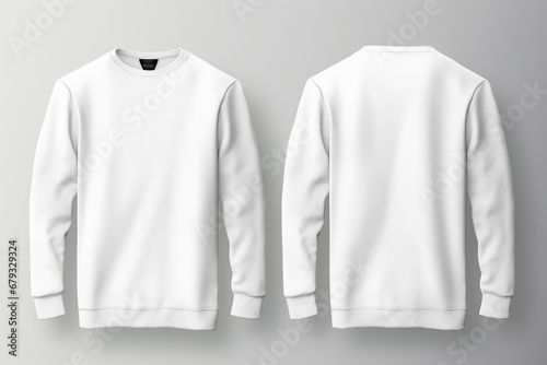 Set of white front and back view tee sweatshirt sweater long sleeve on background cutout. Mockup template for artwork graphic design.