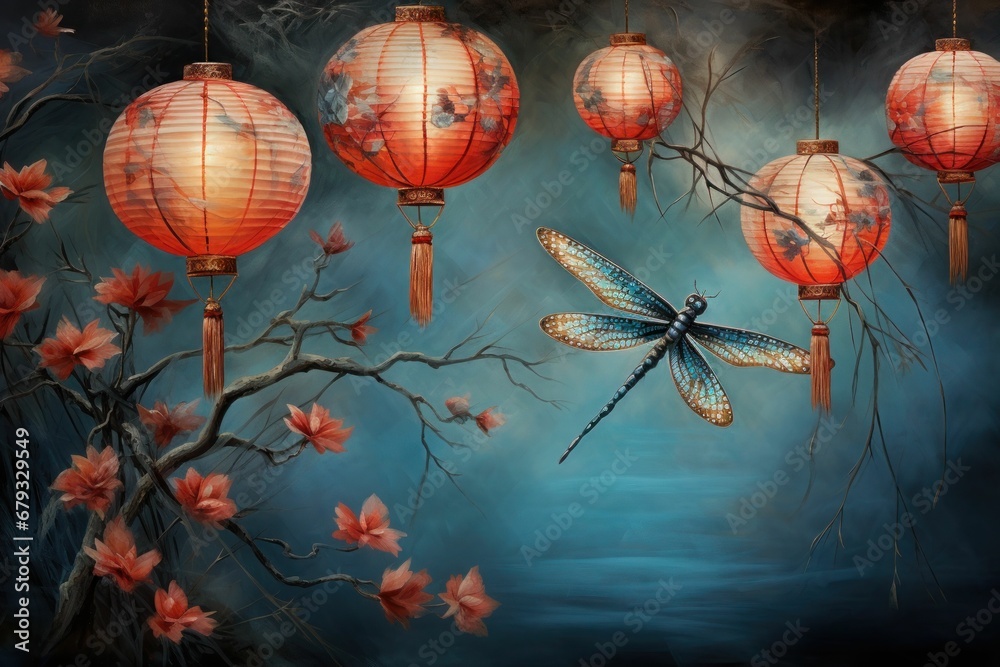 Traditional red lanterns hanging, cherry blossoms, dragonfly, Asian-inspired scene, artistic still life, soft lighting, cultural decoration, serene ambiance, ethereal background - obrazy, fototapety, plakaty 
