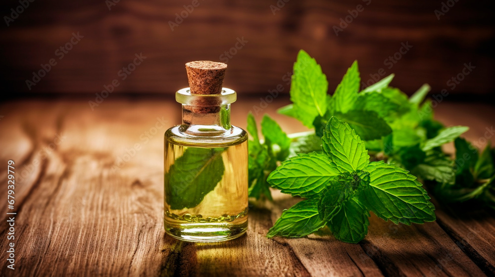 Peppermint essential oil in a bottle. Generative AI, Peppermint essential oil in a bottle. Generative AI,