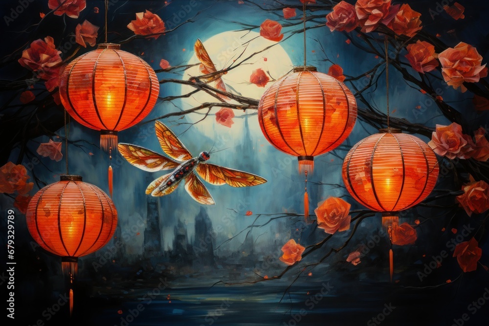 Traditional red lanterns hanging, cherry blossoms, dragonfly, Asian-inspired scene, artistic still life, soft lighting, cultural decoration, serene ambiance, ethereal background