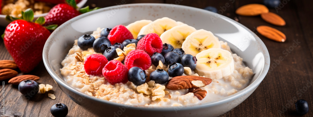 Porridge for breakfast with berries and fruits. Generative AI, Porridge for breakfast with berries and fruits. Generative AI,