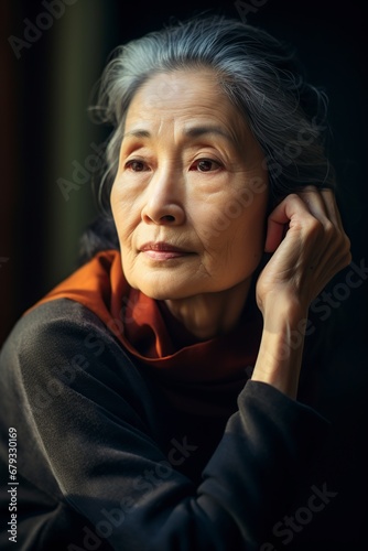 very thoughtful older asian woman