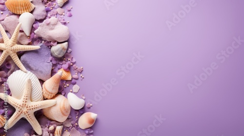 seashells, stones and starfish on a lavender background with space for text. photo