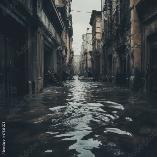 Urban Deluge: Flooded Street Scene
Charleston Flooded urban street, waterlogged buildings, overcast sky, reflections on water, desolate mood