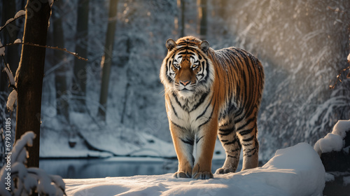 Tiger against the backdrop of a winter landscape.