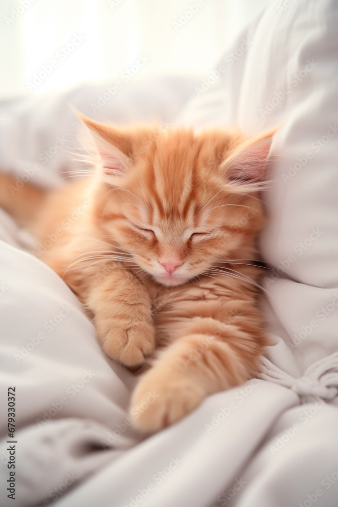 Red kitten sleeps in bed. Generative AI,