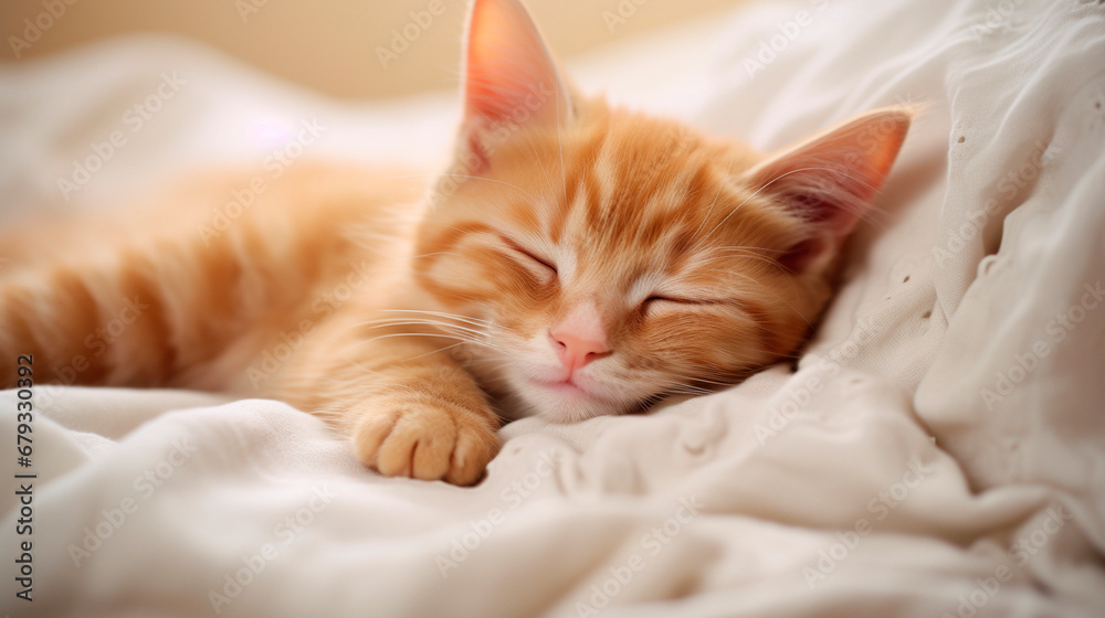 Red kitten sleeps in bed. Generative AI,